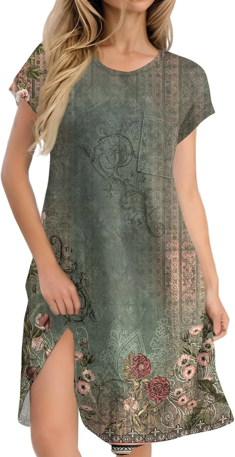 Summer Dresses for Women 2025s Casual Cap Sleeve Crewneck Loose Mini Dresses Casual Retro Beach T Shirt Dres
