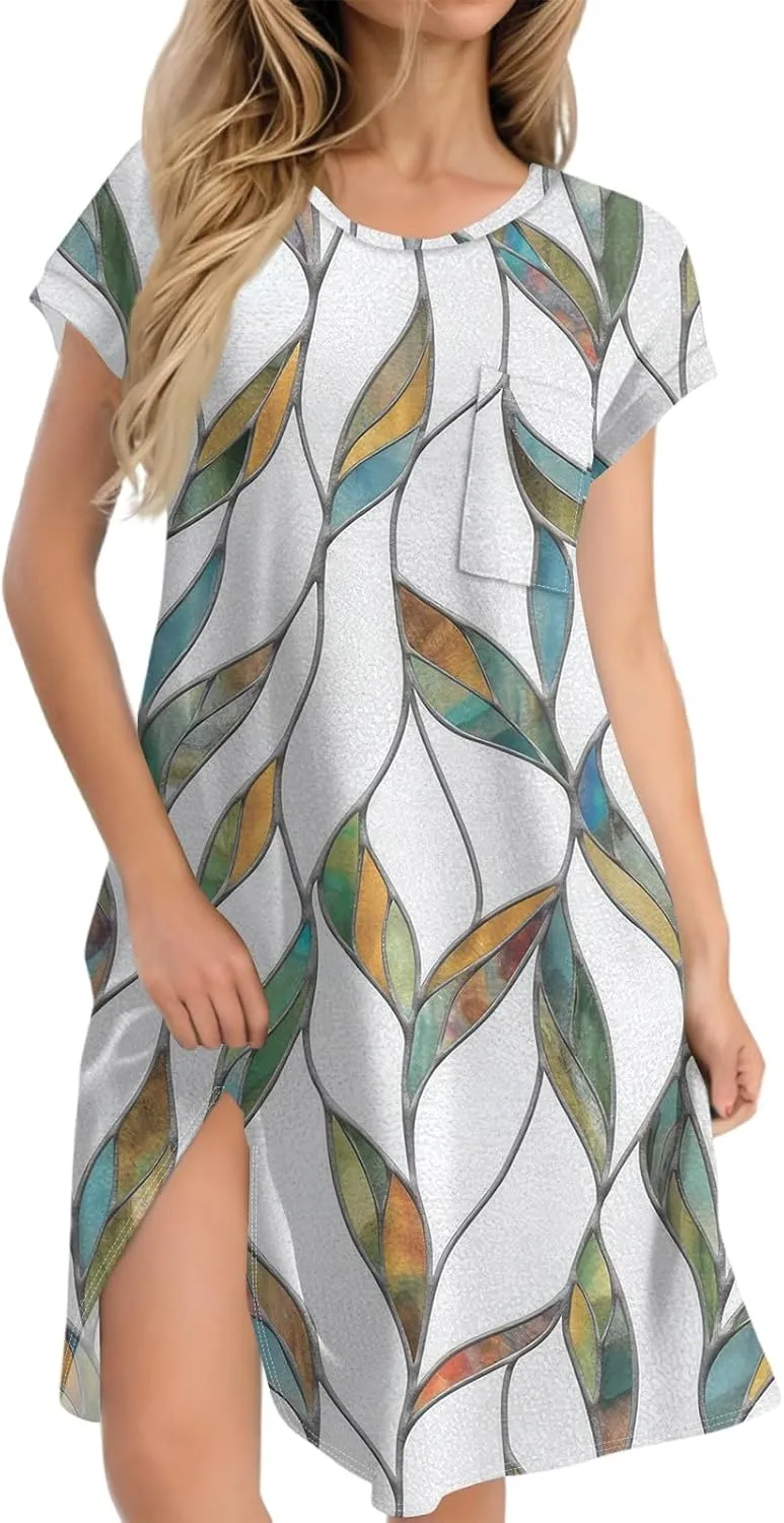 Summer Dresses for Women 2025s Casual Cap Sleeve Crewneck Loose Mini Dresses Casual Retro Beach T Shirt Dres