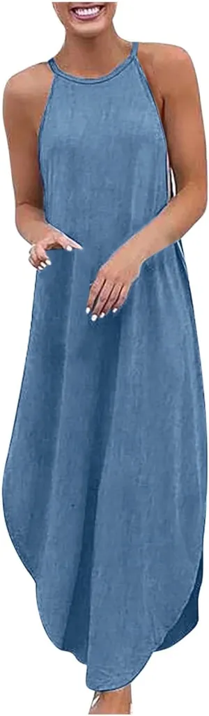 Summer Dresses for Women Casual Maxi Long Halter Neck Denim Sundress Casual Sleeveless Tank Dress Beach Coverup