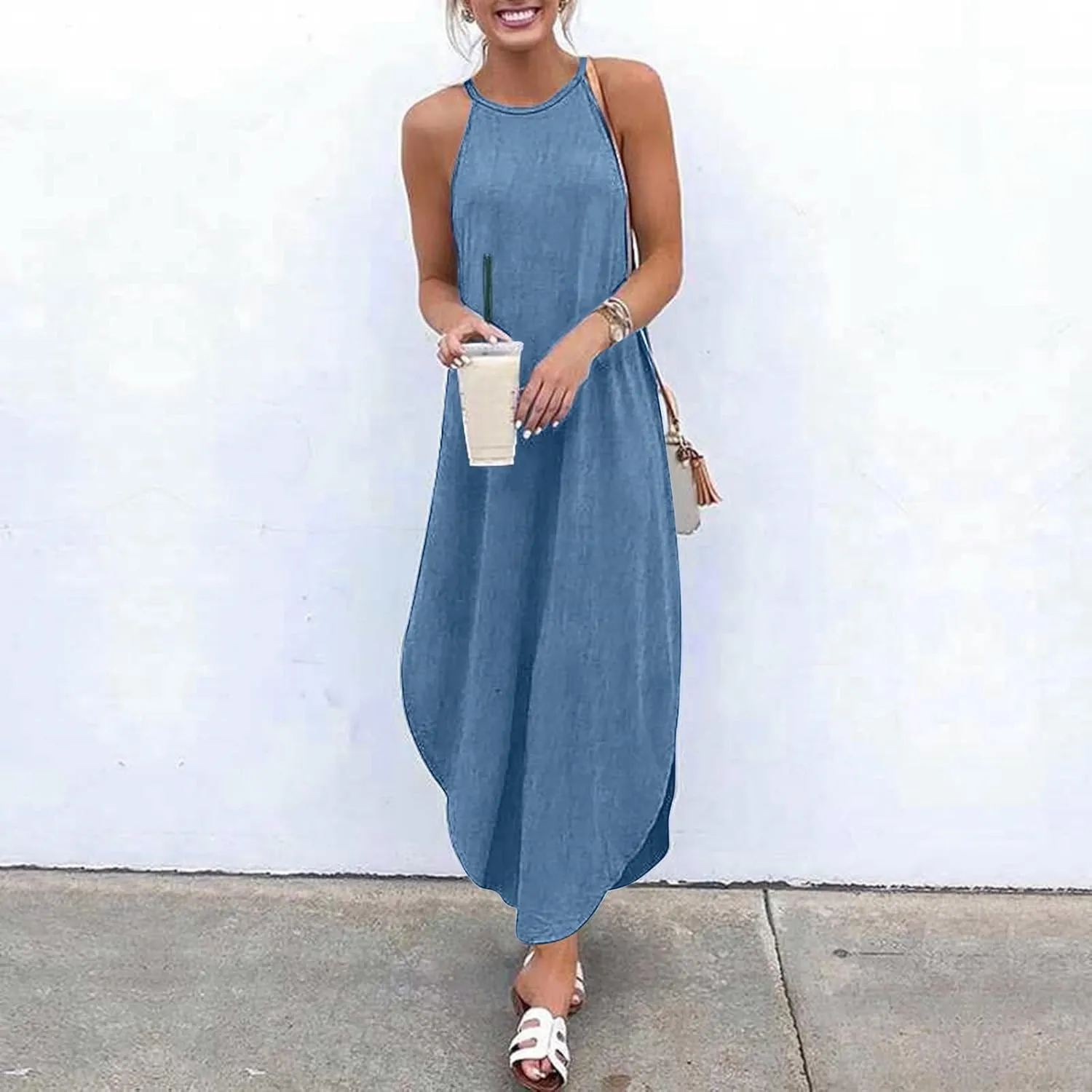 Summer Dresses for Women Casual Maxi Long Halter Neck Denim Sundress Casual Sleeveless Tank Dress Beach Coverup