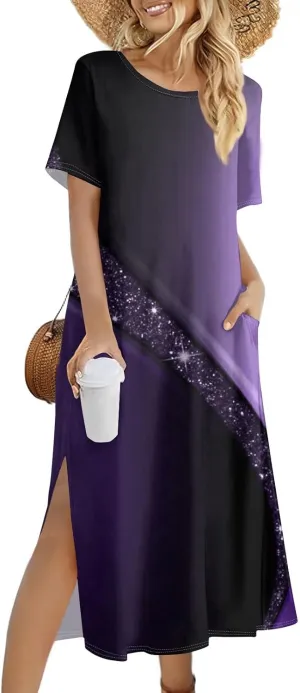 Summer Dresses for Women Casual Short Sleeve Beach T Shirt Dress Floral Print Loose Split Long Dress with Pockets