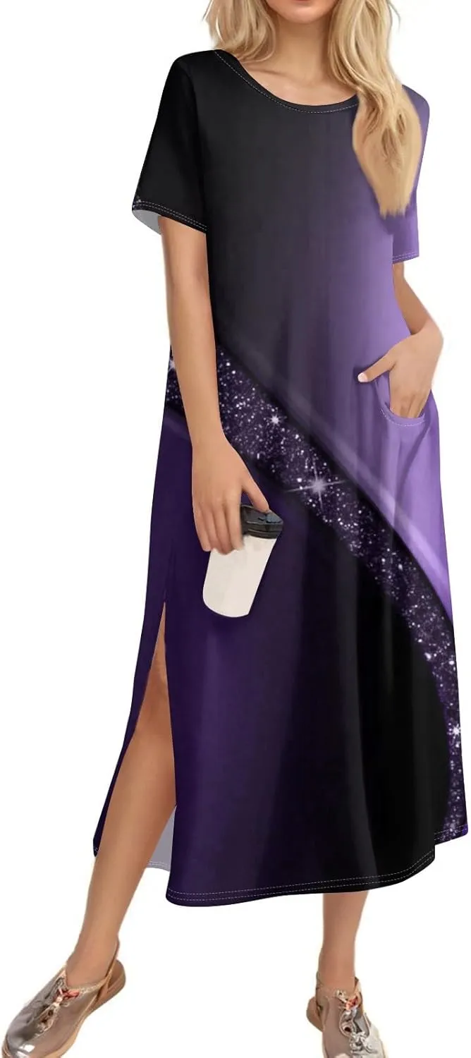 Summer Dresses for Women Casual Short Sleeve Beach T Shirt Dress Floral Print Loose Split Long Dress with Pockets