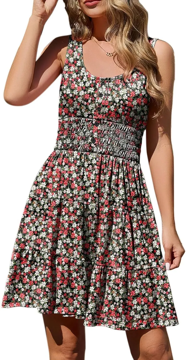 Summer Dresses for Women Casual Sleeveless Sundresses Elastic Waist Mini Sun Dress