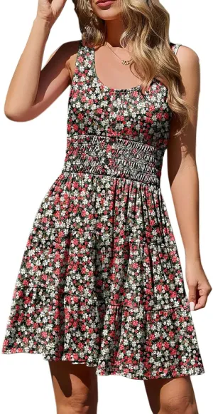 Summer Dresses for Women Casual Sleeveless Sundresses Elastic Waist Mini Sun Dress