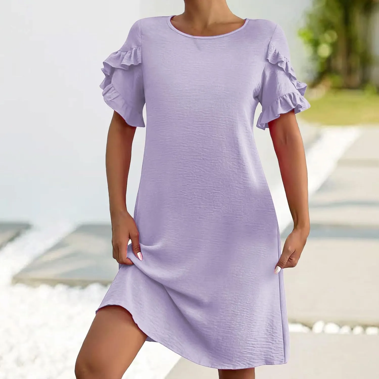 Summer Dresses for Women Ruffle Short Sleeve A-Line Dresses Casual Crew Neck Dress Casual Beach Mini Tshirt Dress