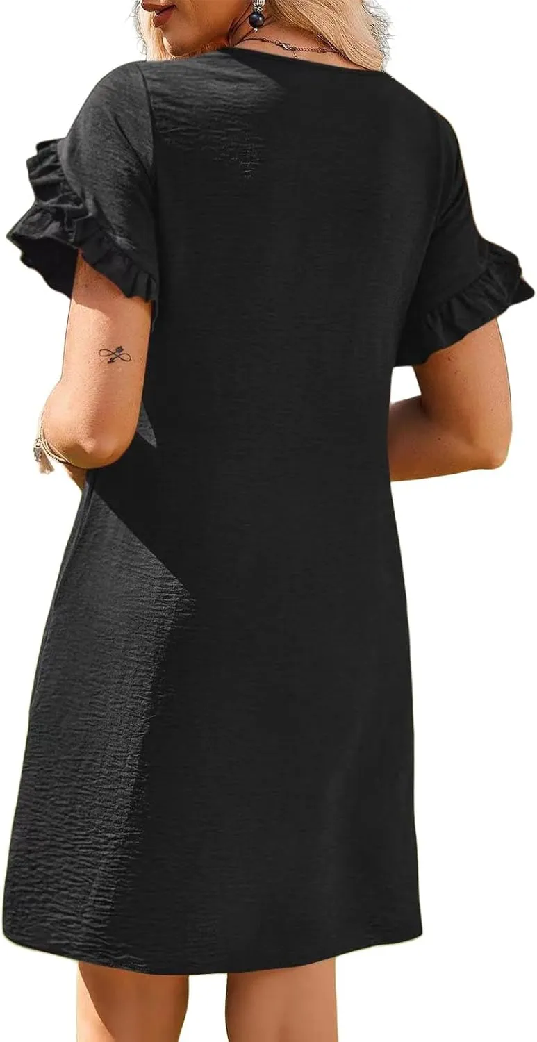 Summer Dresses for Women Ruffle Short Sleeve A-Line Dresses Casual Crew Neck Dress Casual Beach Mini Tshirt Dress