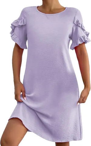 Summer Dresses for Women Ruffle Short Sleeve A-Line Dresses Casual Crew Neck Dress Casual Beach Mini Tshirt Dress