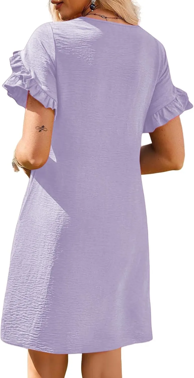Summer Dresses for Women Ruffle Short Sleeve A-Line Dresses Casual Crew Neck Dress Casual Beach Mini Tshirt Dress