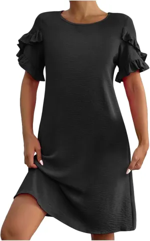 Summer Dresses for Women Ruffle Short Sleeve A-Line Dresses Casual Crew Neck Dress Casual Beach Mini Tshirt Dress