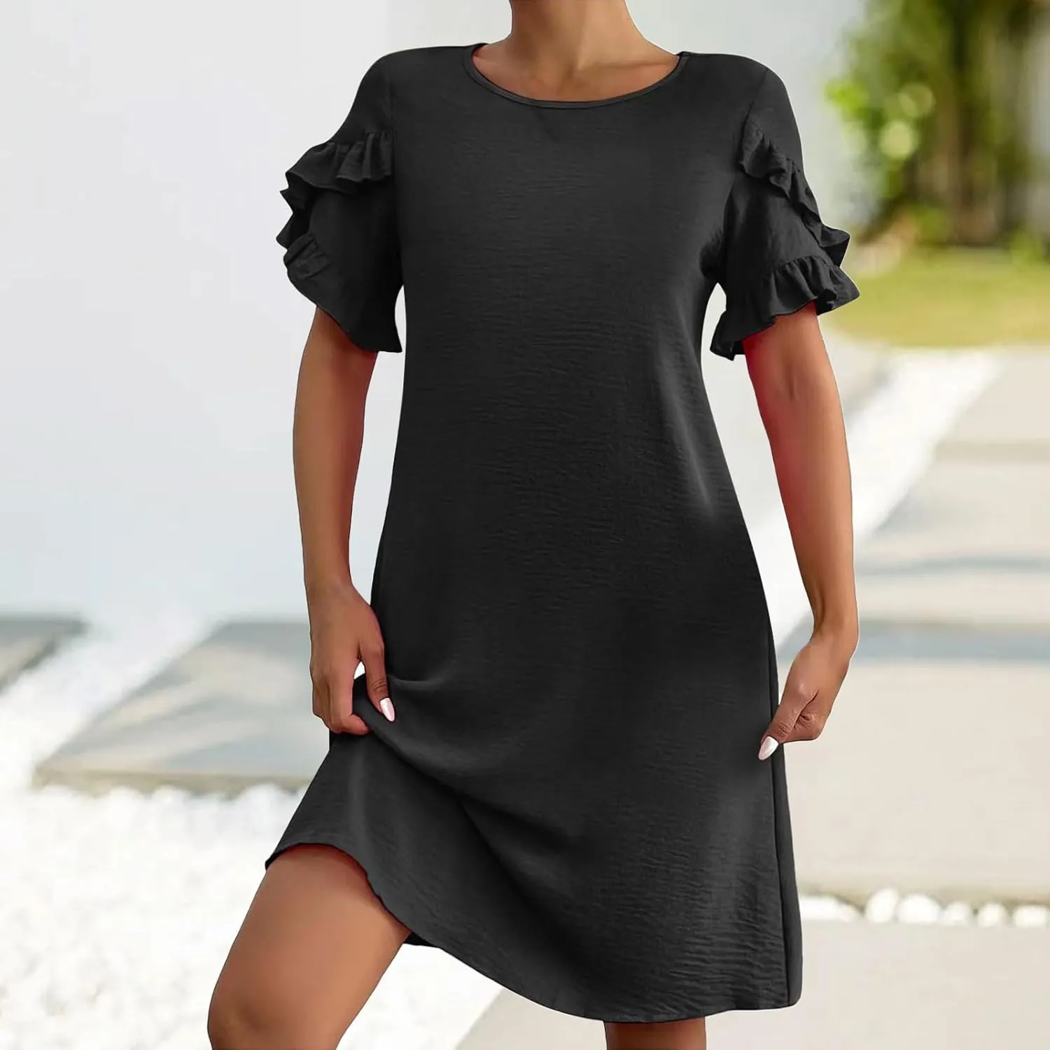 Summer Dresses for Women Ruffle Short Sleeve A-Line Dresses Casual Crew Neck Dress Casual Beach Mini Tshirt Dress