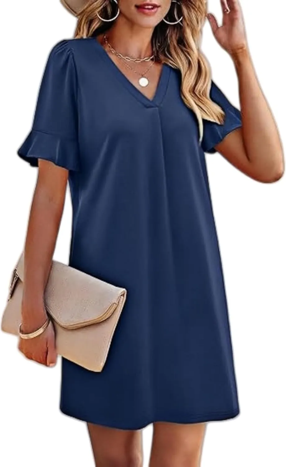 Summer Dresses for Women Ruffle Short Sleeve V Neck Casual Shift Dress with Pockets Beach Vacation Clothes
