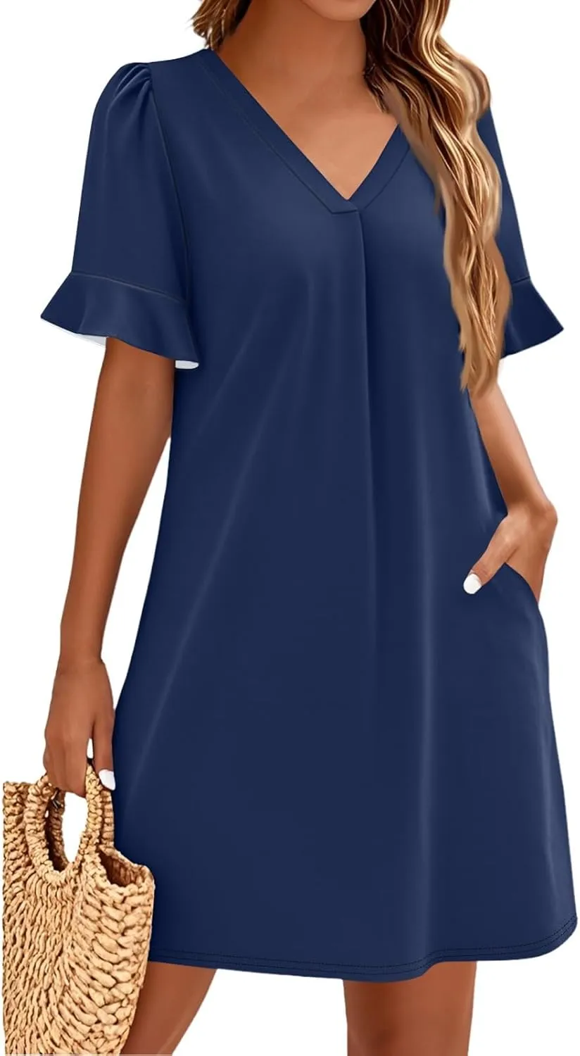 Summer Dresses for Women Ruffle Short Sleeve V Neck Casual Shift Dress with Pockets Beach Vacation Clothes