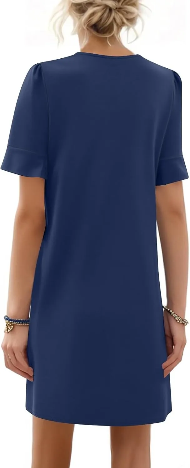 Summer Dresses for Women Ruffle Short Sleeve V Neck Casual Shift Dress with Pockets Beach Vacation Clothes