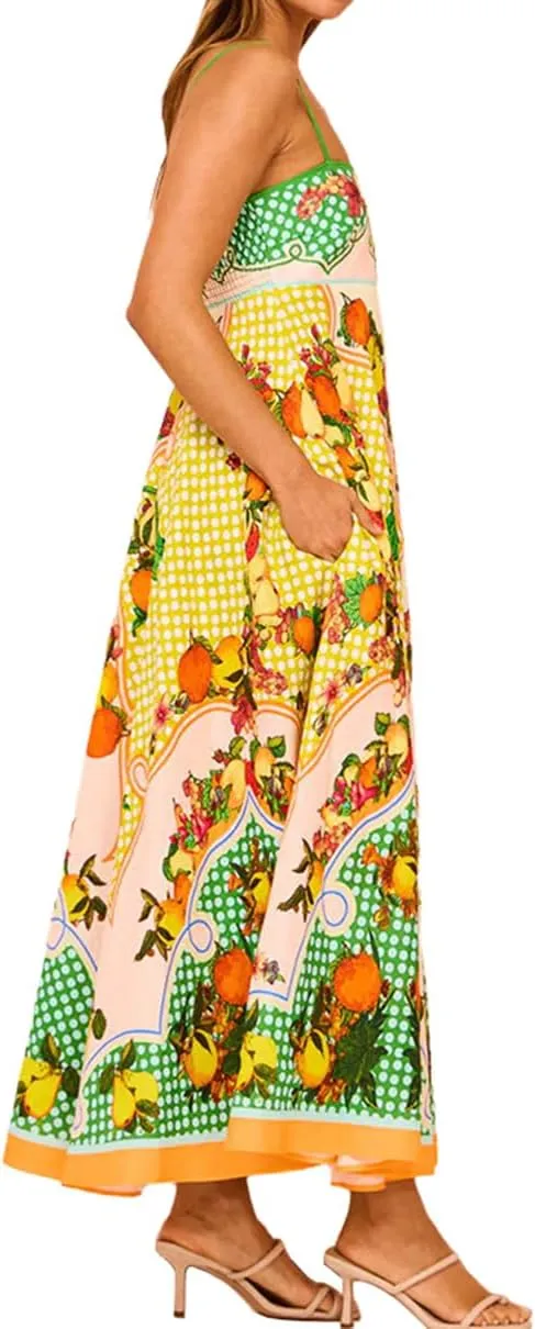 Summer Dresses for Women Sexy Spaghetti Straps Maxi Sundresses Casual Sleeveless Floral Flowy Dress with Pockets