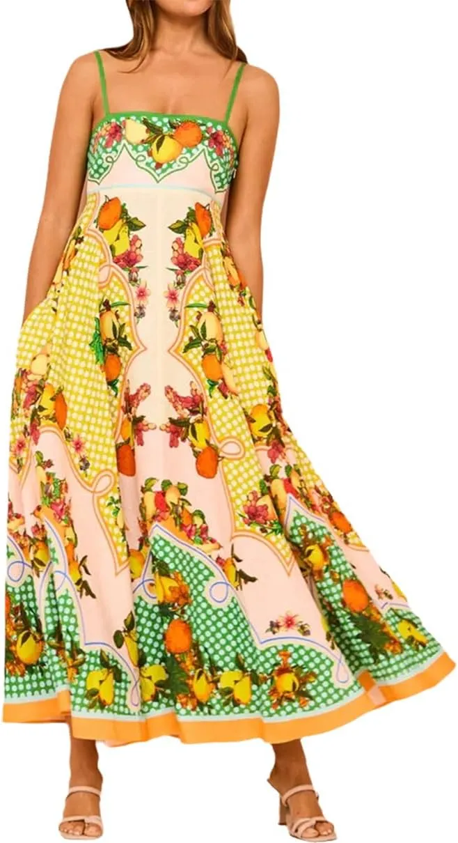 Summer Dresses for Women Sexy Spaghetti Straps Maxi Sundresses Casual Sleeveless Floral Flowy Dress with Pockets