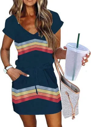 Summer Dresses for Women Short Sleeve Loose Tshirt Dress V-Neck Comfy Casual Sundresses with Pockets