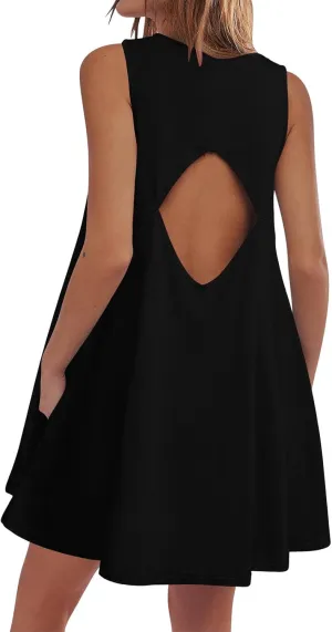 Summer Dresses for Women Solid Sleeveless Cutout Back Sundress Beach Swimwear Summer Casual Mini Dress with Pockets