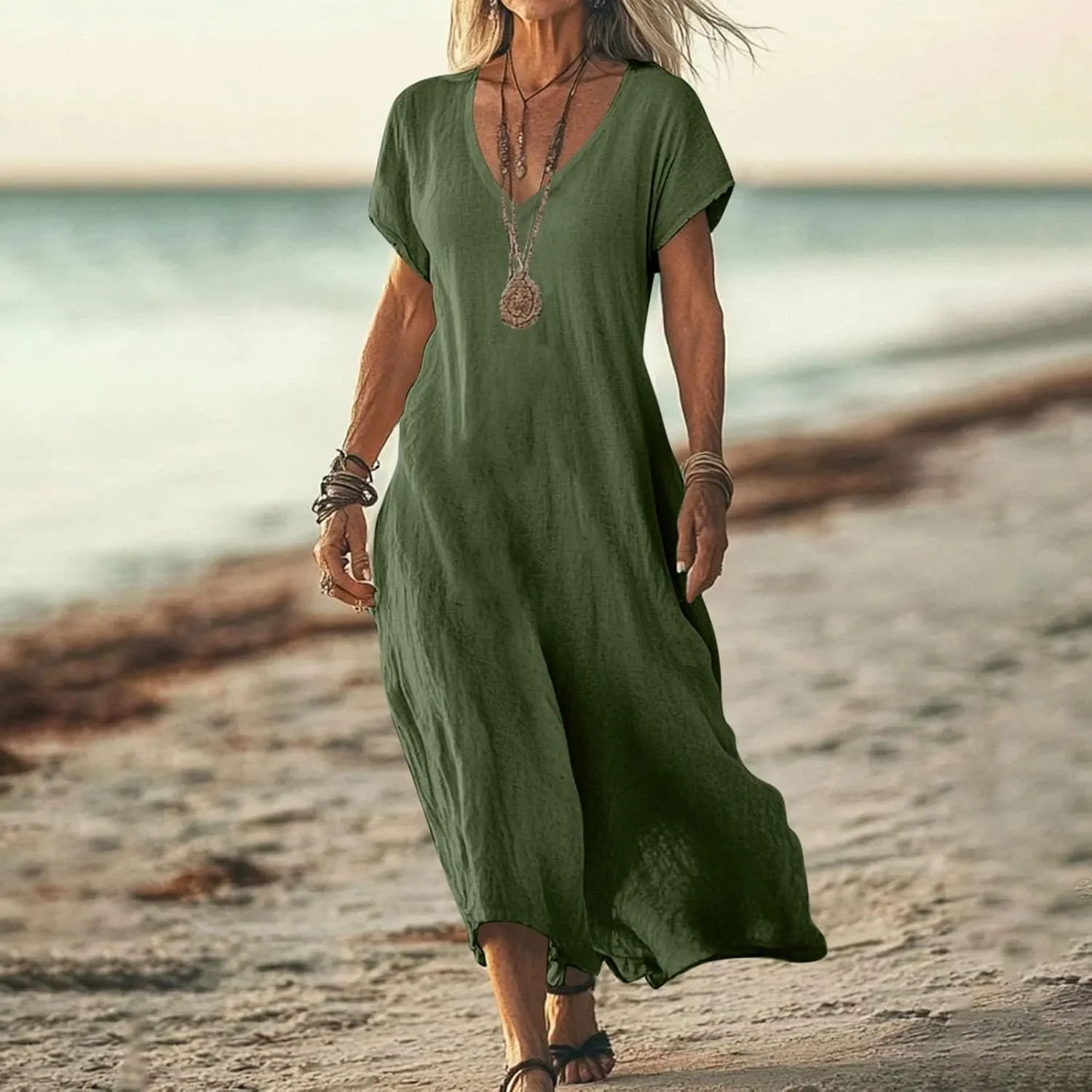 Summer Linen Dresses for Women 2025 Short Sleeve V Neck Shift Long Maxi Dresses Comfy Flowy Swing A Line Beach Dress