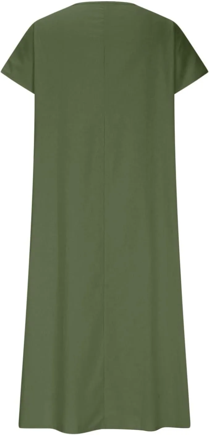 Summer Linen Dresses for Women 2025 Short Sleeve V Neck Shift Long Maxi Dresses Comfy Flowy Swing A Line Beach Dress