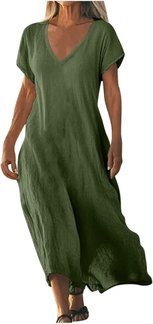 Summer Linen Dresses for Women 2025 Short Sleeve V Neck Shift Long Maxi Dresses Comfy Flowy Swing A Line Beach Dress
