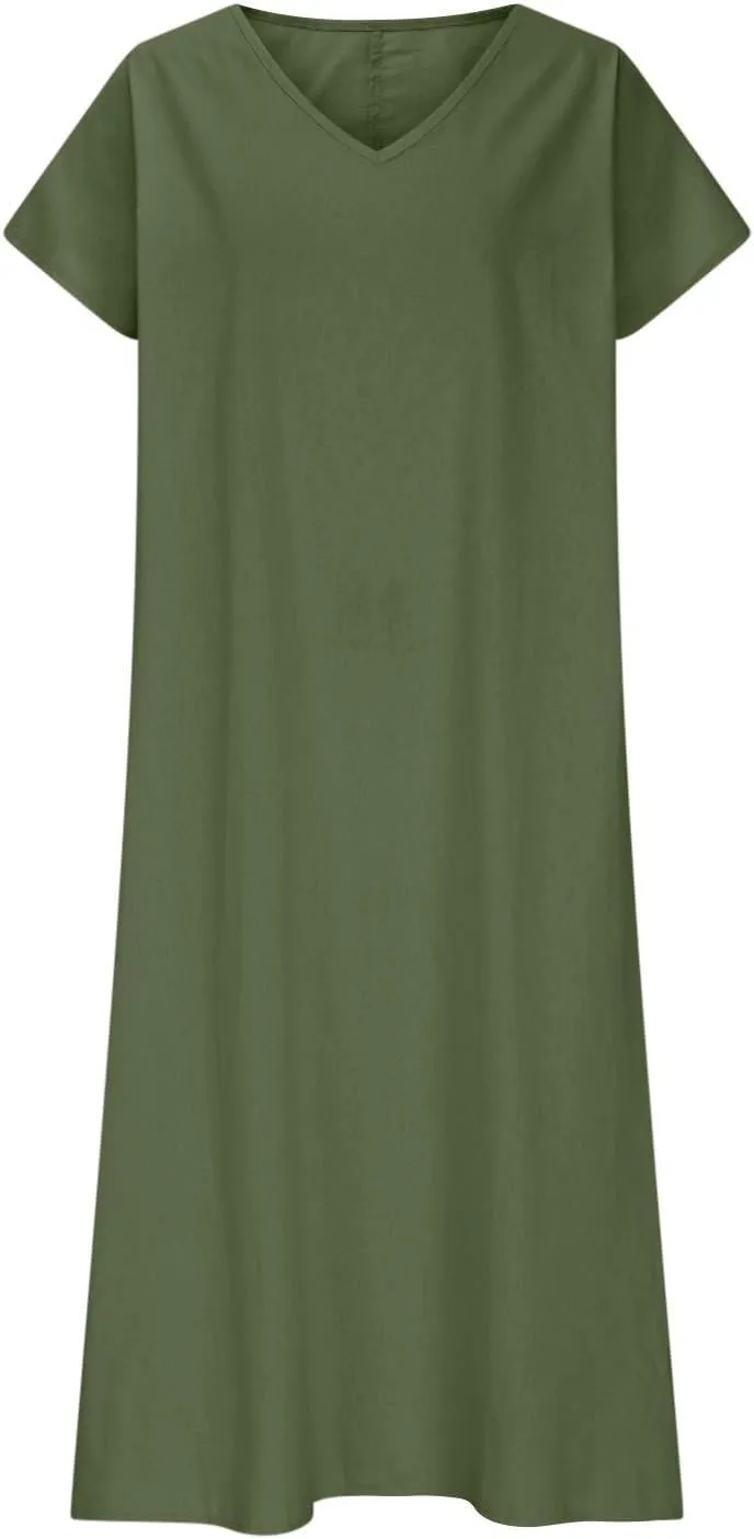 Summer Linen Dresses for Women 2025 Short Sleeve V Neck Shift Long Maxi Dresses Comfy Flowy Swing A Line Beach Dress