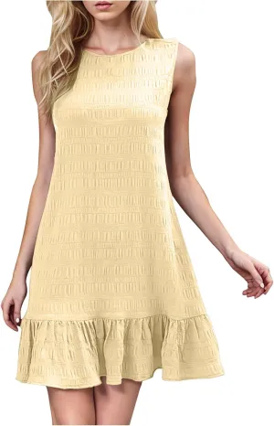 Summer Ruffle Hem Mini Dress for Women Casual Sleeveless A Line Sundress Lightweight Textured Fabric Comfy Dresses