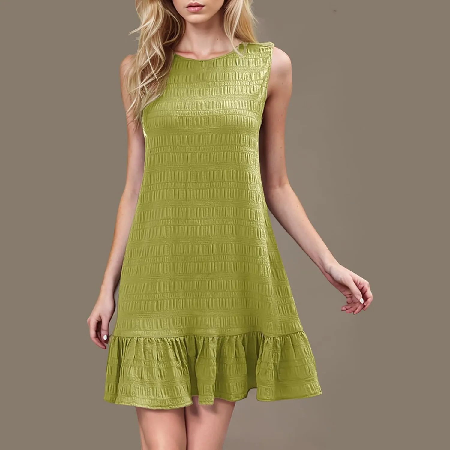 Summer Ruffle Hem Mini Dress for Women Casual Sleeveless A Line Sundress Lightweight Textured Fabric Comfy Dresses