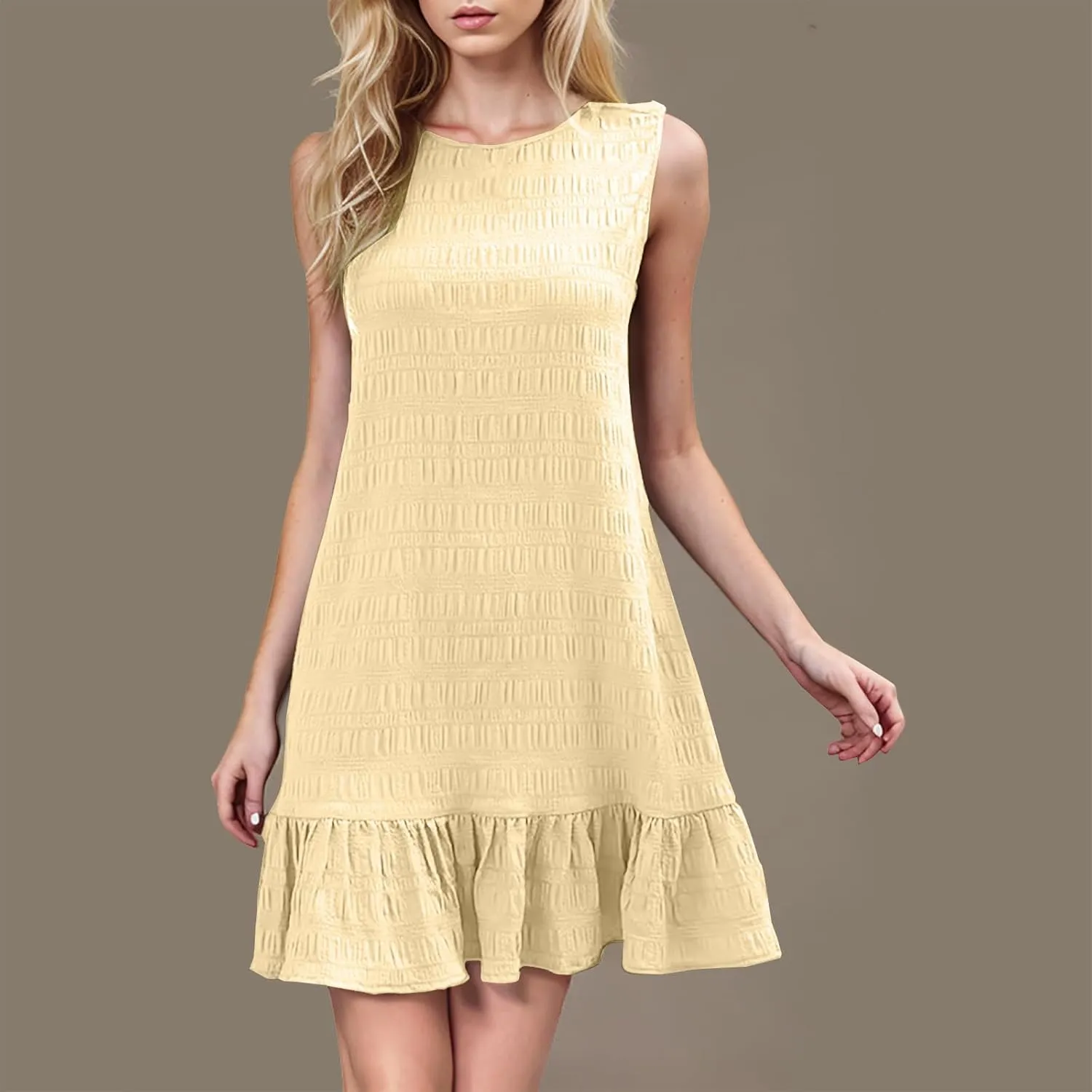 Summer Ruffle Hem Mini Dress for Women Casual Sleeveless A Line Sundress Lightweight Textured Fabric Comfy Dresses