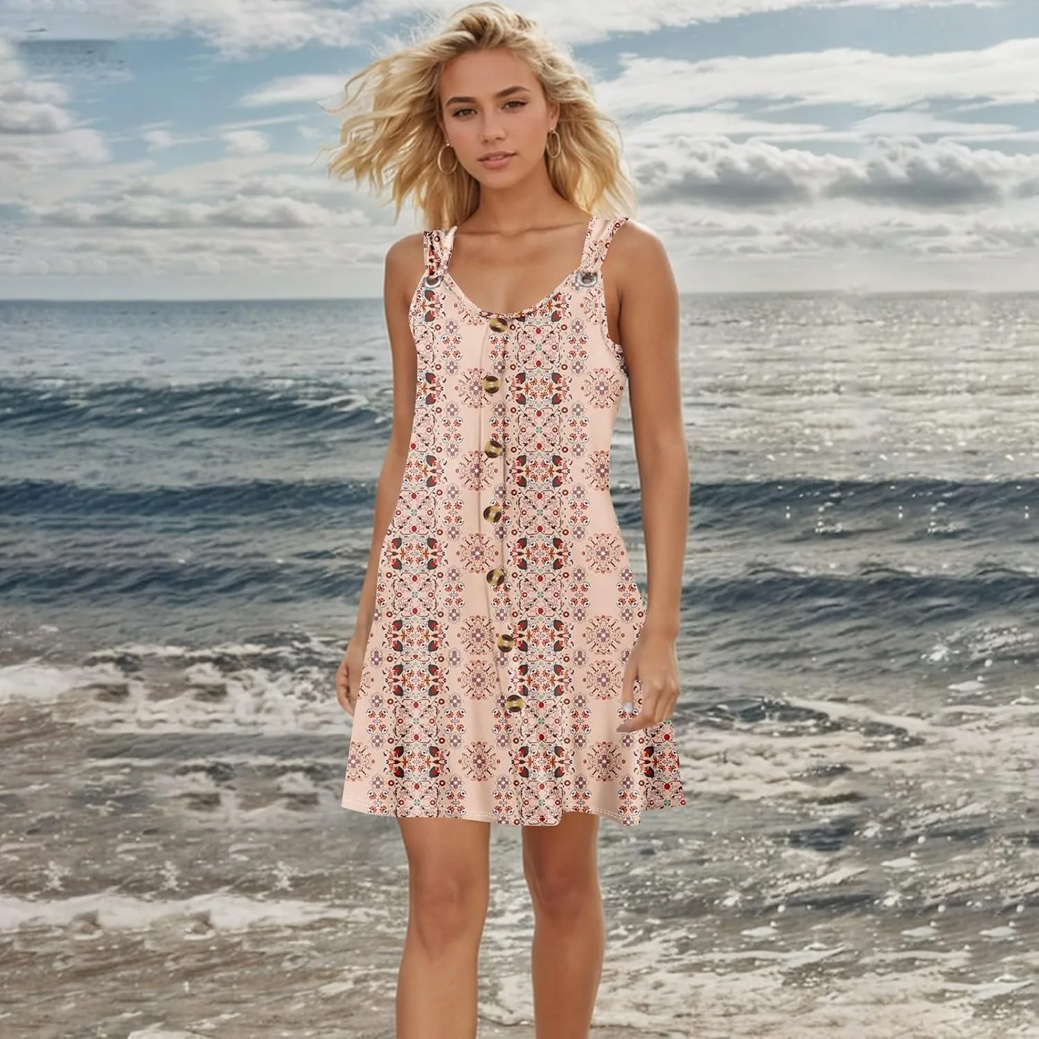 Sundresses for Women 2025 Summer Midi Sleeveless Button Down Plus Size Dresses for Curvy Women V Neck A Line Dress