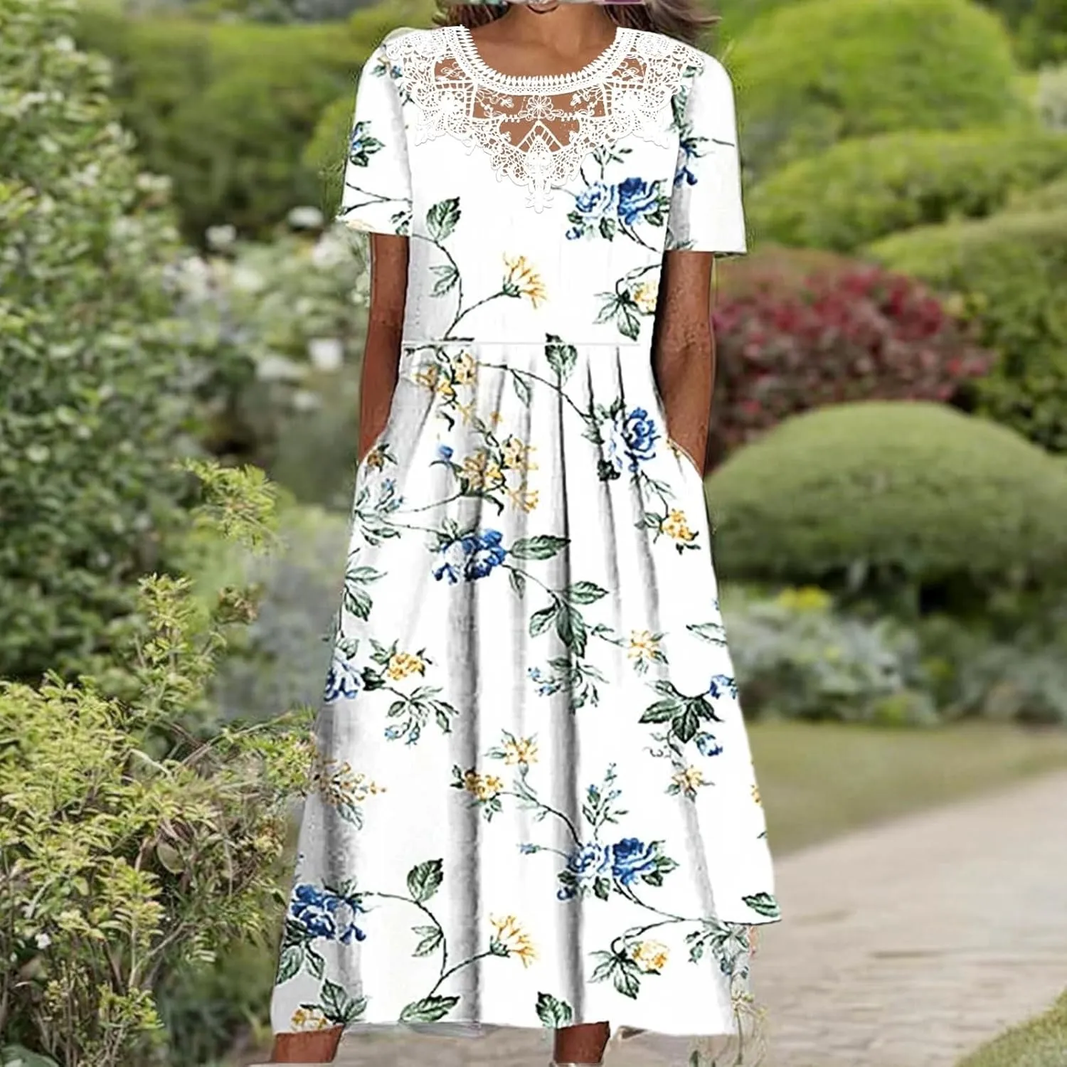 Sundresses for Women Casual Beach 2024 Summer Dress Casual Crewneck Tshirt Dresses Floral Short Sleeve Boho Dress