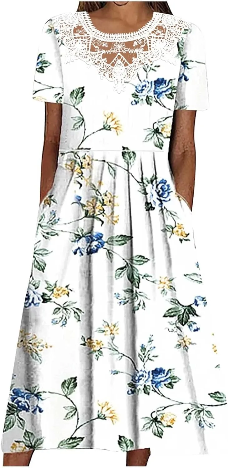 Sundresses for Women Casual Beach 2024 Summer Dress Casual Crewneck Tshirt Dresses Floral Short Sleeve Boho Dress