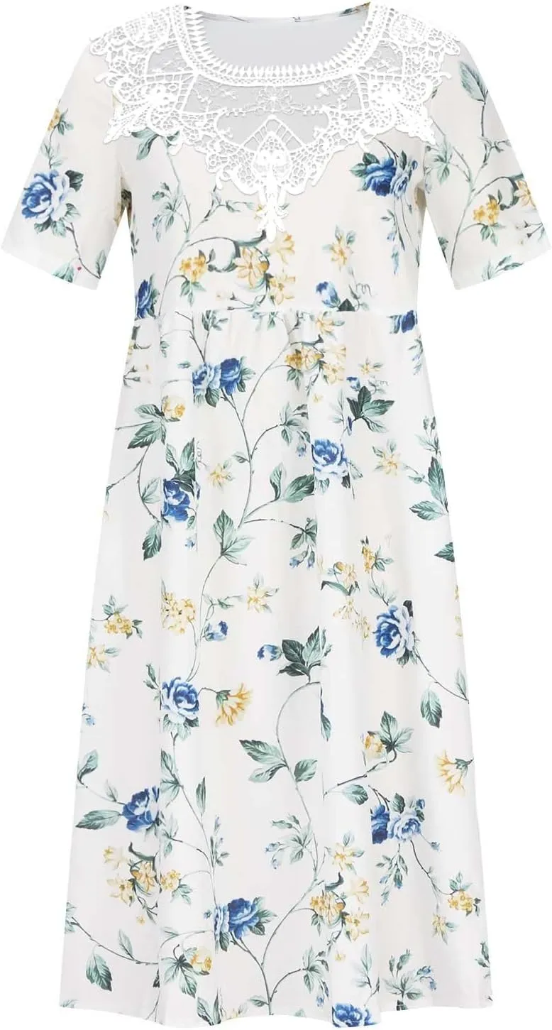 Sundresses for Women Casual Beach 2024 Summer Dress Casual Crewneck Tshirt Dresses Floral Short Sleeve Boho Dress