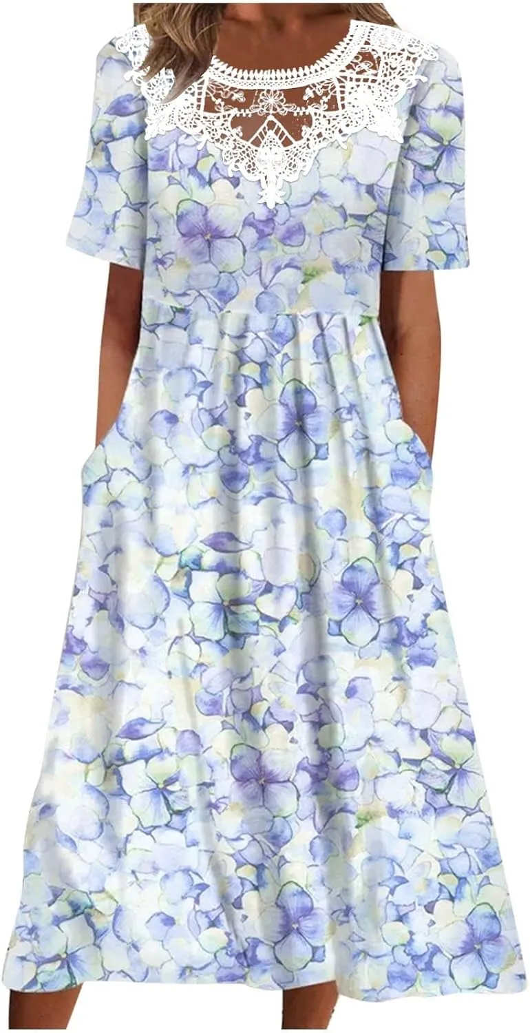 Sundresses for Women Casual Beach 2024 Summer Dress Casual Crewneck Tshirt Dresses Floral Short Sleeve Boho Dress