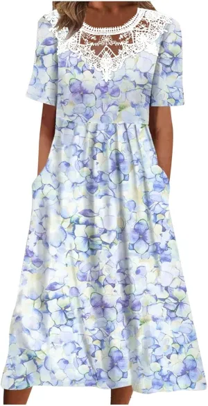 Sundresses for Women Casual Beach 2024 Summer Dress Casual Crewneck Tshirt Dresses Floral Short Sleeve Boho Dress