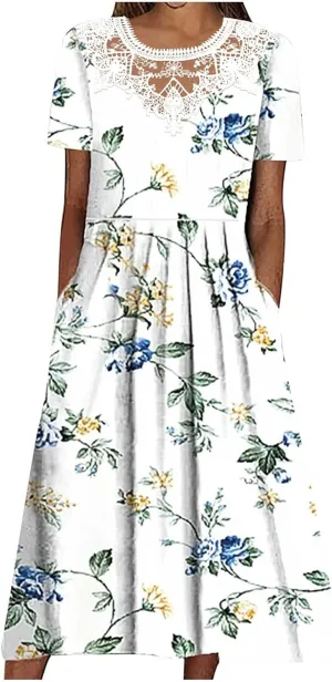 Sundresses for Women Casual Beach 2024 Summer Dress Casual Crewneck Tshirt Dresses Floral Short Sleeve Boho Dress