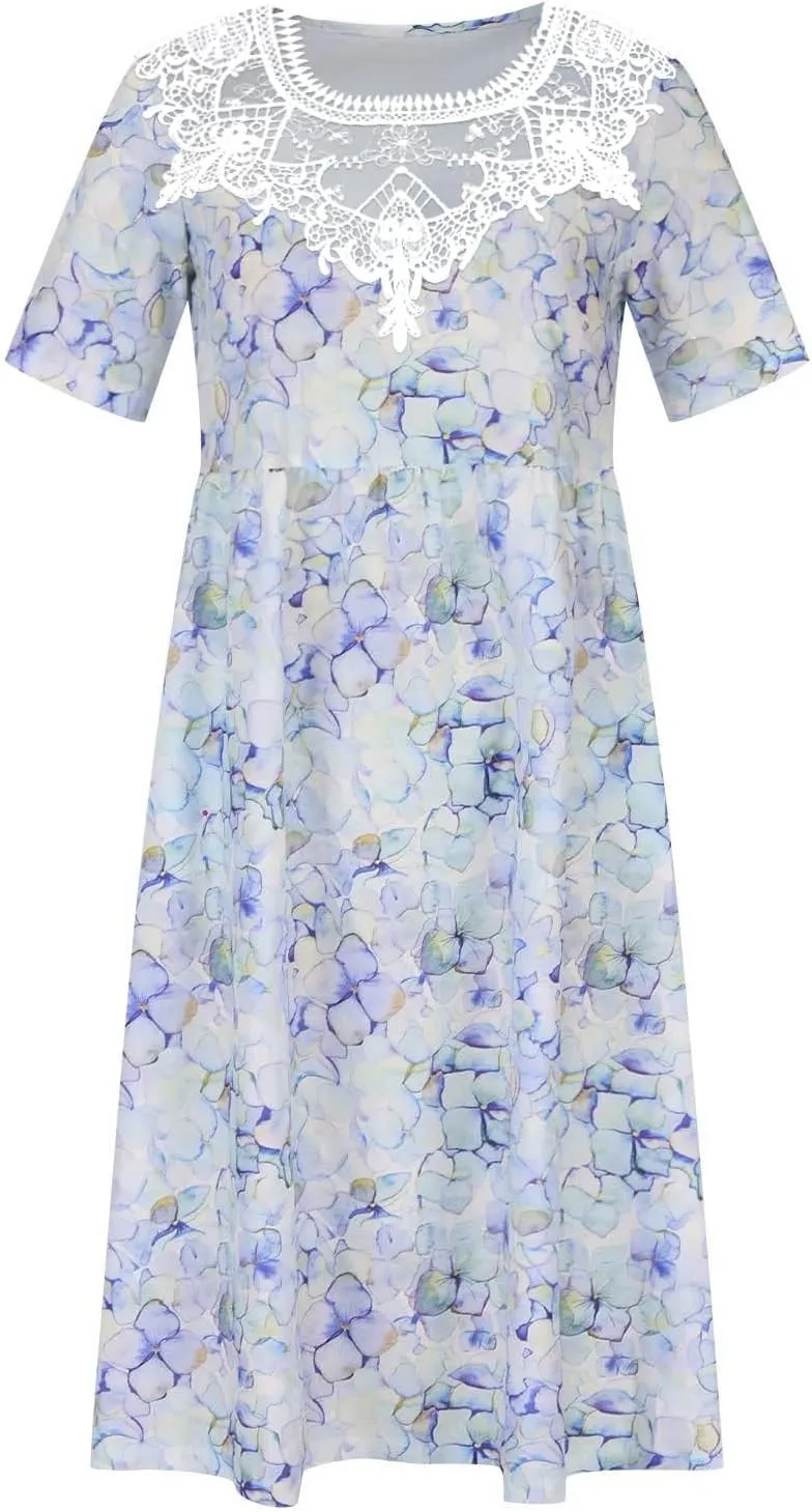 Sundresses for Women Casual Beach 2024 Summer Dress Casual Crewneck Tshirt Dresses Floral Short Sleeve Boho Dress