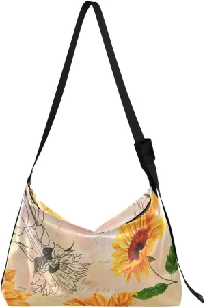 Sunflowers Beige Floral Soft Leather Handbags Hobo Large Crossbody Bag Animal Floral Print Ladies Hobo Handbags