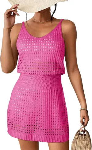 Swimsuit Coverup for Women Casual Crochet Hollow Out Knit Beach Bathing Suit Swim Cover Ups Summer Mini Vacation Dresses