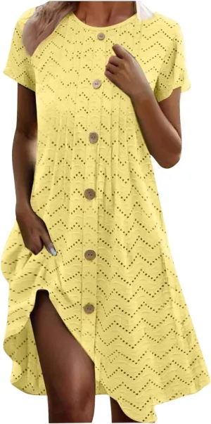 TANGNADE Womens Summer Crewneck Short Sleeve Midi Dress Eyelet Button Pleated A Line Casual Flowy Dresses Sundress