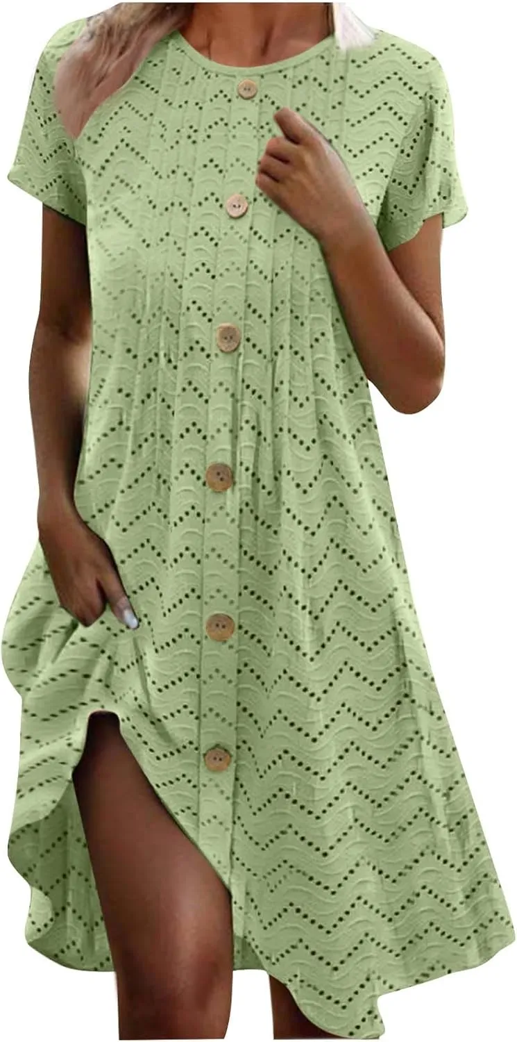 TANGNADE Womens Summer Crewneck Short Sleeve Midi Dress Eyelet Button Pleated A Line Casual Flowy Dresses Sundress