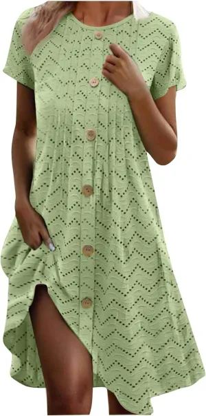 TANGNADE Womens Summer Crewneck Short Sleeve Midi Dress Eyelet Button Pleated A Line Casual Flowy Dresses Sundress