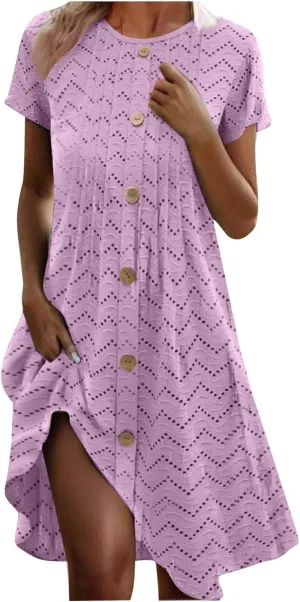 TANGNADE Womens Summer Crewneck Short Sleeve Midi Dress Eyelet Button Pleated A Line Casual Flowy Dresses Sundress
