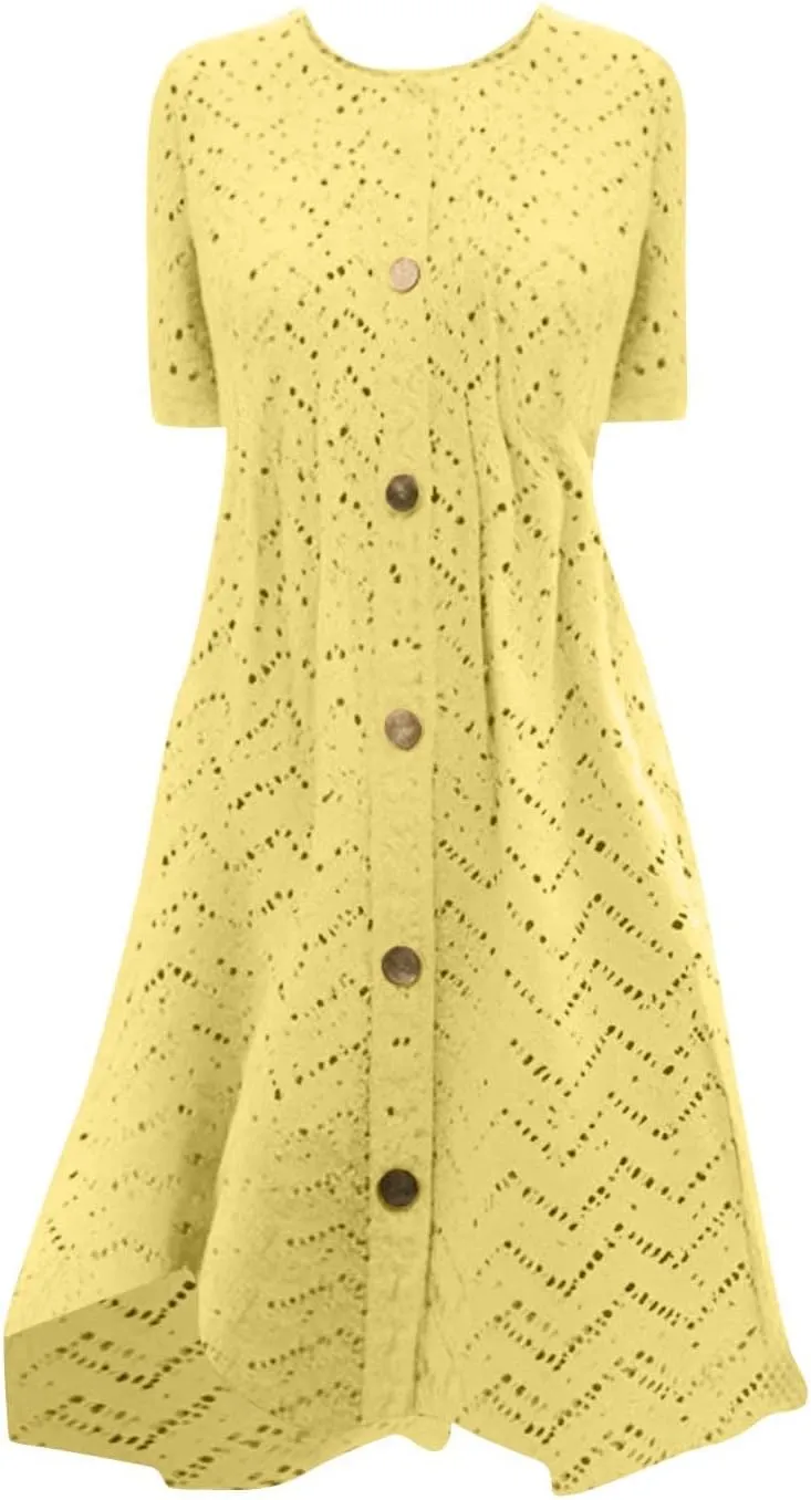 TANGNADE Womens Summer Crewneck Short Sleeve Midi Dress Eyelet Button Pleated A Line Casual Flowy Dresses Sundress