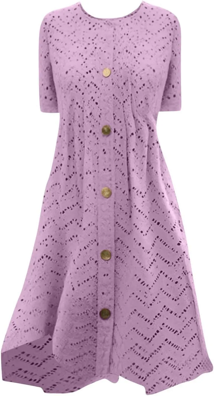 TANGNADE Womens Summer Crewneck Short Sleeve Midi Dress Eyelet Button Pleated A Line Casual Flowy Dresses Sundress