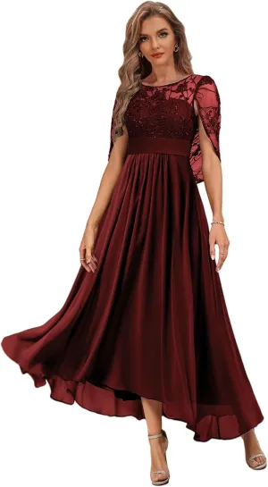 Tea Length Mother of The Bride Dress with Cape High Low Formal Dresses for Women Chiffon Lace Evening Gown