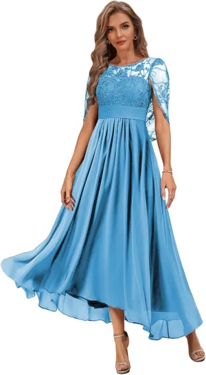 Tea Length Mother of The Bride Dress with Cape High Low Formal Dresses for Women Chiffon Lace Evening Gown