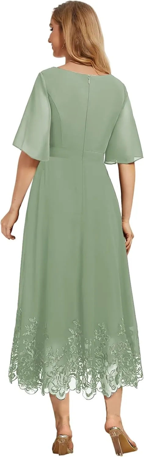 Tea Length Mother of The Bride Dresses for Wedding Lace Beaded Formal Evening Dress with Sleeves