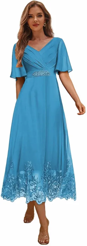 Tea Length Mother of The Bride Dresses for Wedding Lace Beaded Formal Evening Dress with Sleeves