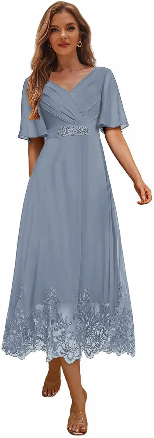 Tea Length Mother of The Bride Dresses for Wedding Lace Beaded Formal Evening Dress with Sleeves