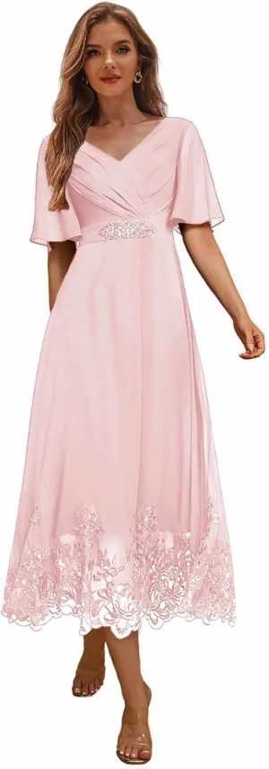Tea Length Mother of The Bride Dresses for Wedding Lace Beaded Formal Evening Dress with Sleeves